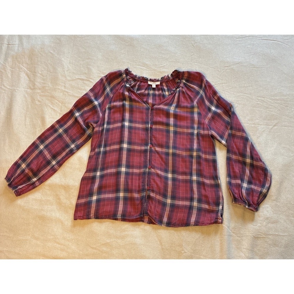 Women's Top Medium Red Plaid Button-Up Blouse‎ Puff Sleeves Boho Chic Ruffled